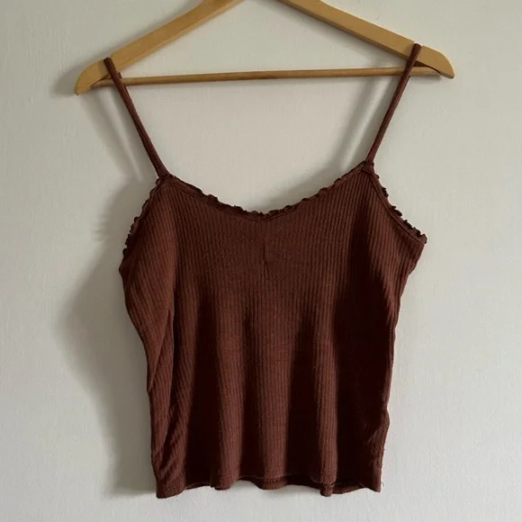 Urban Outfitters Project Social T Brown Ribbed Ruffle Dainty Tank Top Size M EUC - Picture 1 of 9